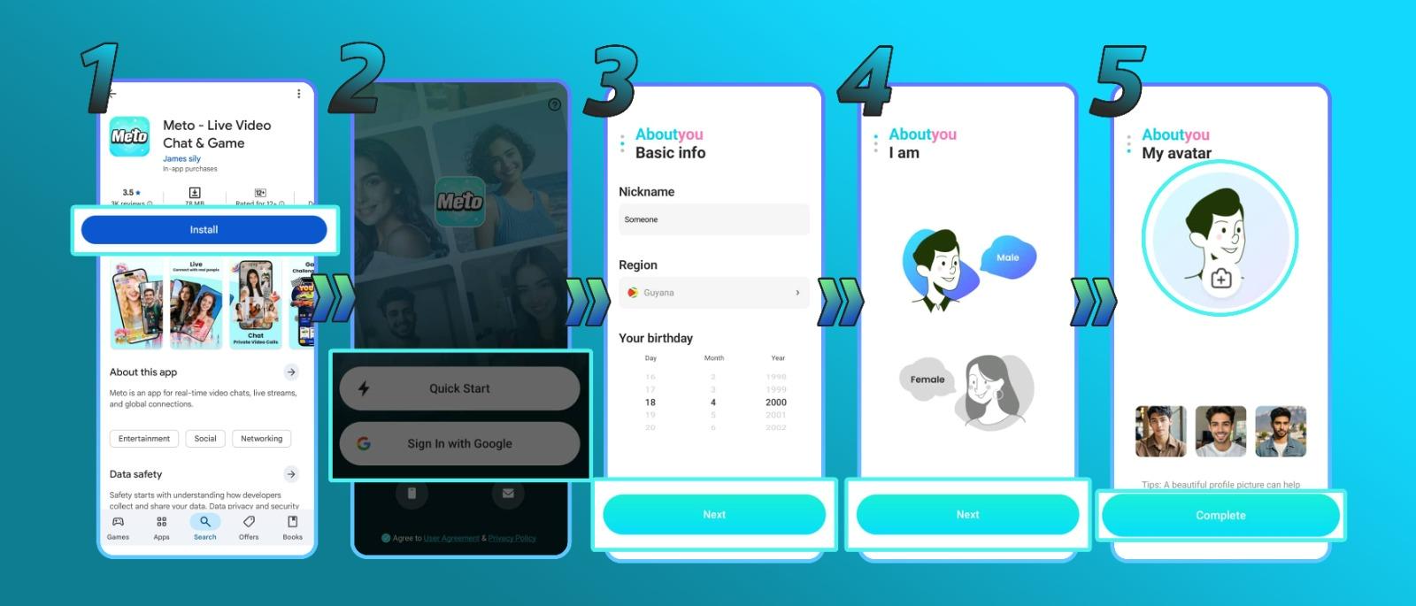Agent registration - Download app, sign up, and copy Meto ID