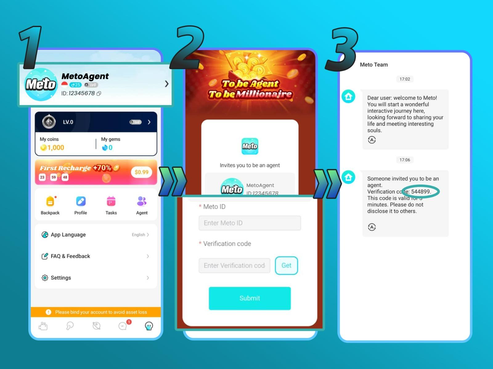 Agent registration - Paste Meto ID and receive verification code