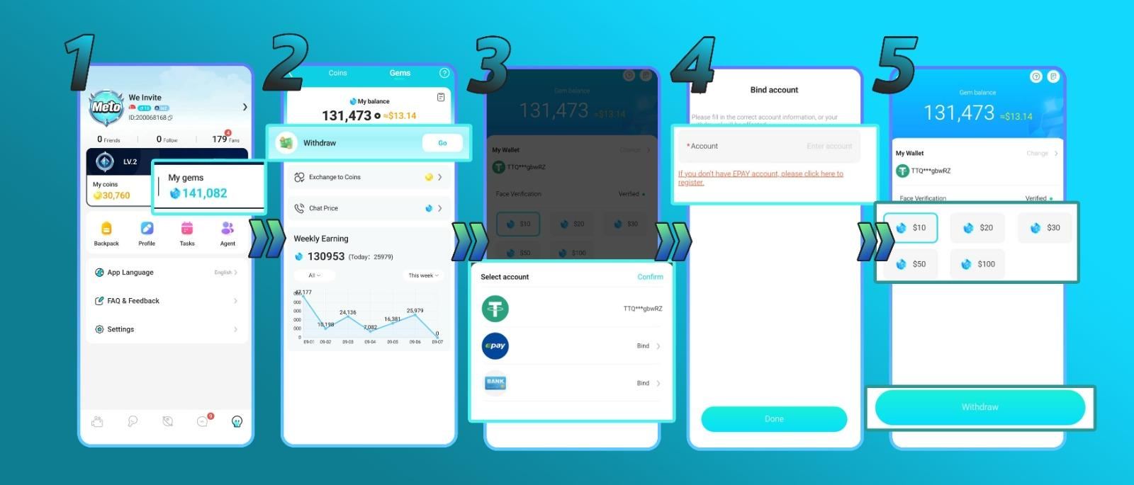 Host withdrawal process screenshots