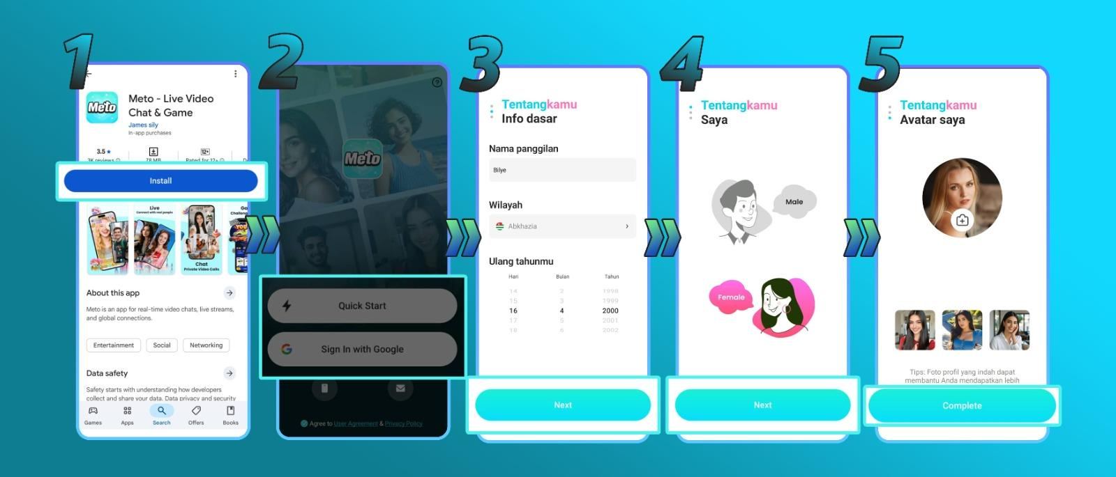 How to Become Meto Live Host - registration and complete profile screens