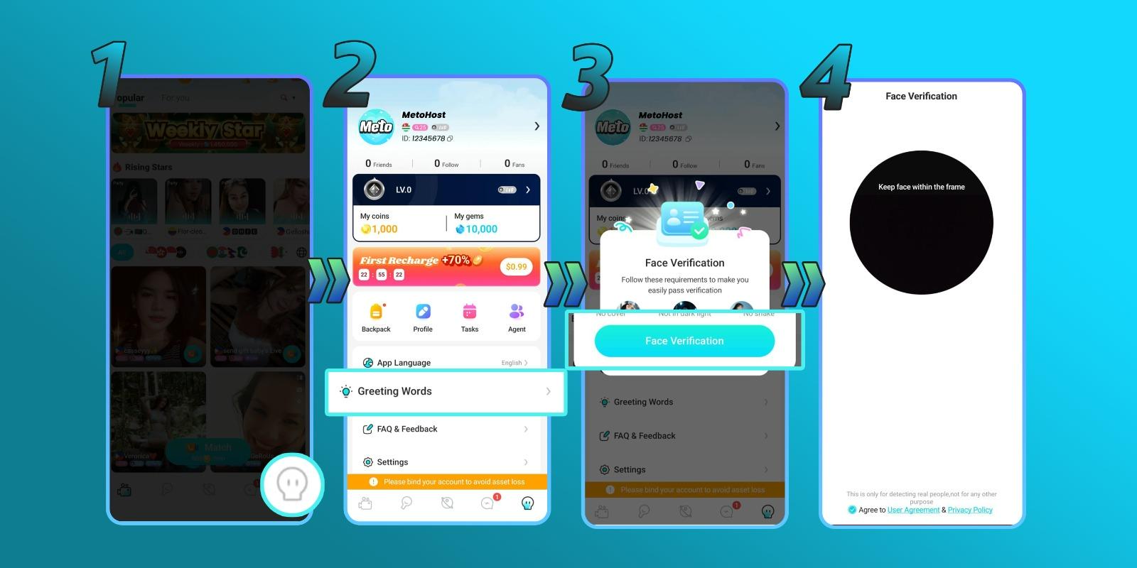Face verification for Host - Greeting Words and verification screens